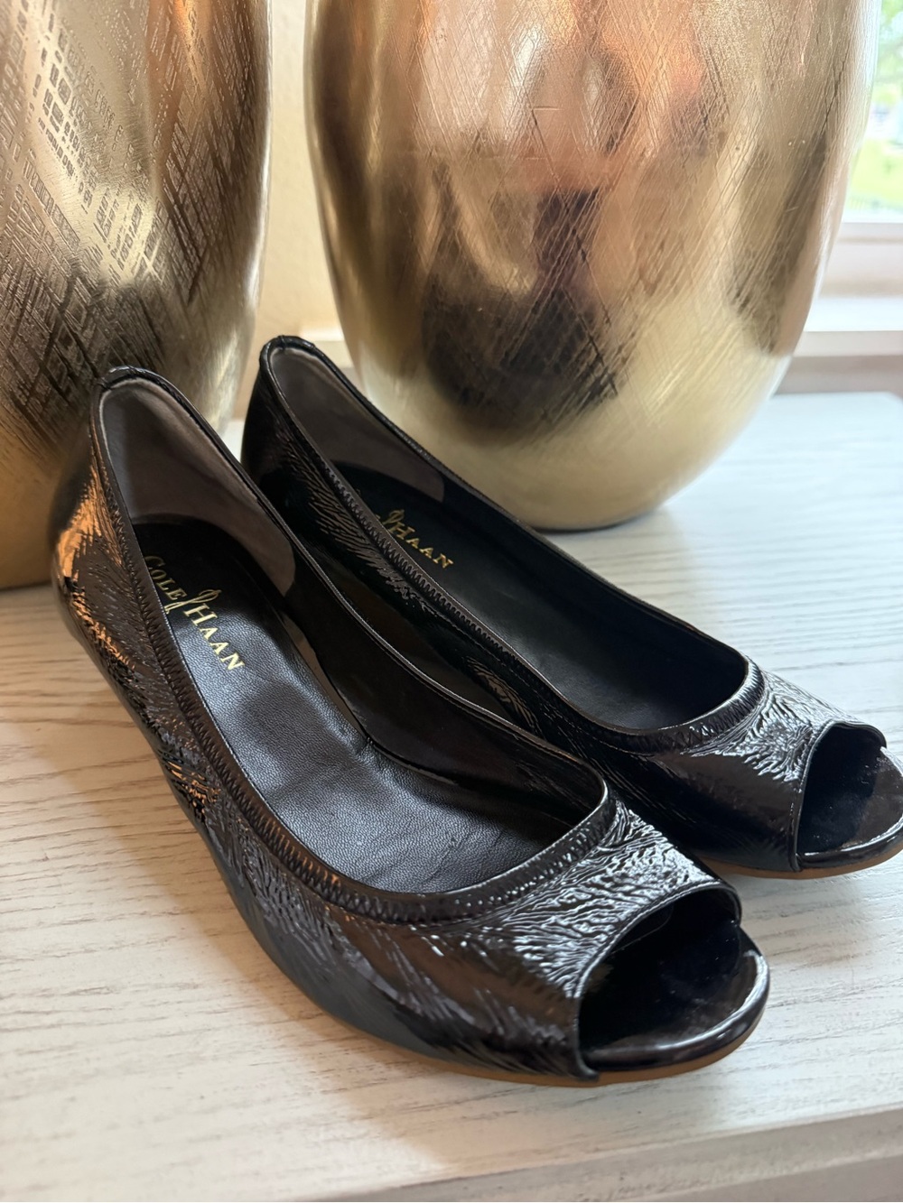 Cole Haan Black Patent Peep-Toe with Textured Shine